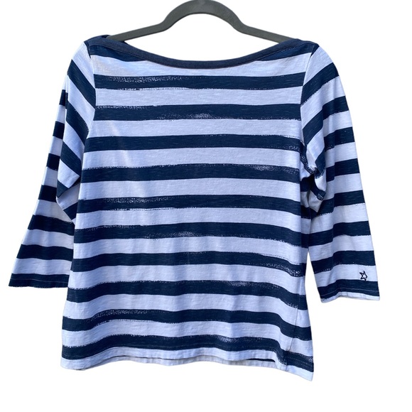Hatley Navy Striped Boat Neck 3/4 Sleeve Cotton Top, Hatley Tops - Picture 2 of 8
